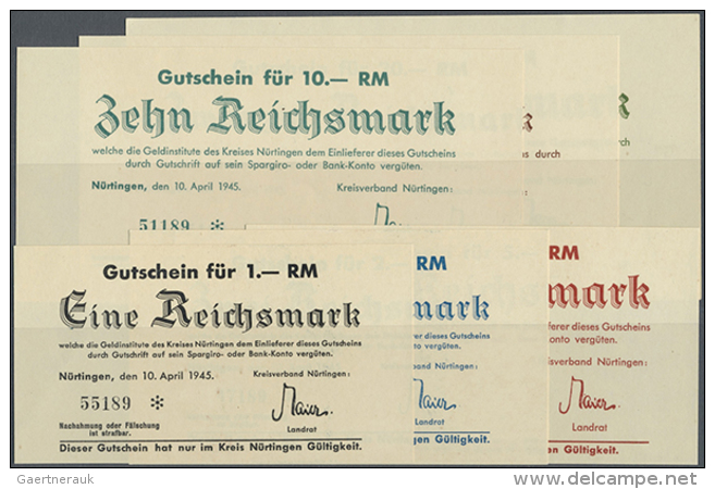 Nürtingen, Kreisverband, 1, 2, 5, 10, 20, 50 RM, 10.4.1945, Ohne Entwertungsstempel !, Erh. I, Total 6 Scheine... - Autres & Non Classés