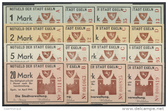 Egeln, Stadt, 1, 2, 5, 20 Mark, April 1945, Jeweils Reihe A - D, Erh. I, 16 Scheine (D) - Andere & Zonder Classificatie