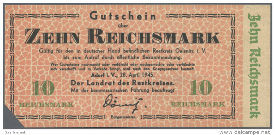 Adorf, Restkreis Oelsnitz, 10 RM, 28.4.1945, Ohne Stempel, Links Unten 1 Cm Eckschnitt, Ansonsten Erh. III (D) - Autres & Non Classés