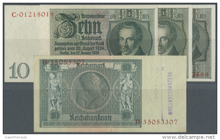 Set Mit 4 Banknoten 10 Reichsmark 1929, Dabei Eine Notausgabe 1945 Mit Belgischem Zeilenstempel In Leicht... - Autres & Non Classés