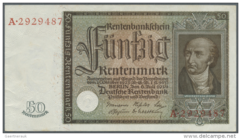50 Rentenmark 1934, Ro.165 In Außergewöhnlich Sauberer Erhaltung, Drei Senkrechte Mittelknicke Und Knick... - Autres & Non Classés