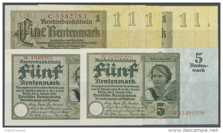 Set Mit 8 Banknoten, Dabei 5 Rentenmark 1926 7- Und 8-stellig Mit Minimalen Gebrauchsspuren, 1 Rentenmark 1937... - Andere & Zonder Classificatie