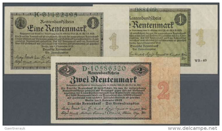 Set Mit 3 Banknoten Der Rentenbank Zu 1 Und 2 Rentenmark 1923, Dabei Reichsdruck- Und Firmendruckausgabe Des 1-ers... - Autres & Non Classés