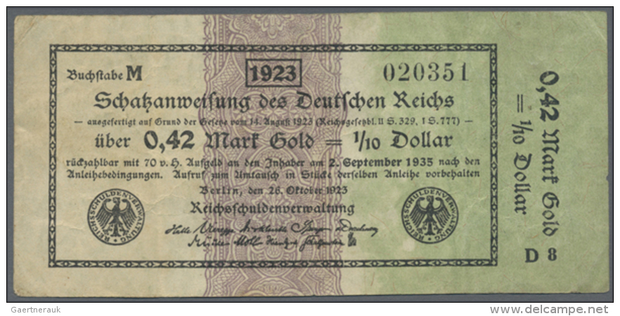 Deutsches Reich: 0,42 Mark Gold = 1/10 Dollar 1923, Ro.142, Stärker Gebrauchte Note Mit Einigen Knicken Und... - Autres & Non Classés