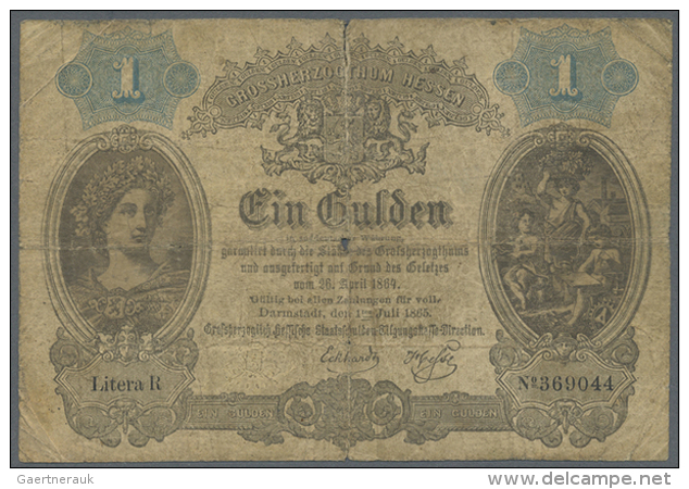 Hessen: 1 Gulden 1865, PiRi A119 In Stark Gebrauchter Erhaltung Mit Mehreren Kleinen Einrissen Und Loch In Der... - [ 1] …-1871 : Duitse Staten