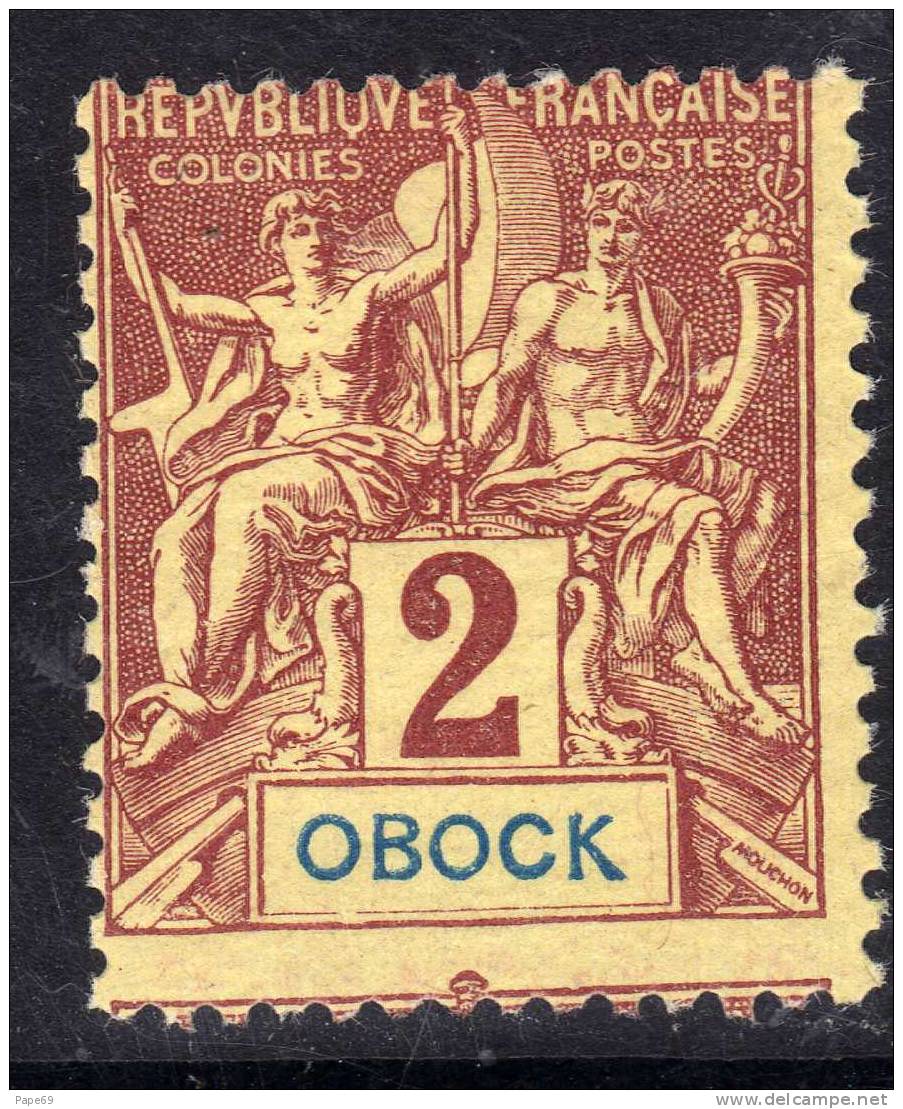 Obock N° 33 XX 2 C. Lilas-brun Sur Paille  Infime Piquage à Cheval TB - Unused Stamps