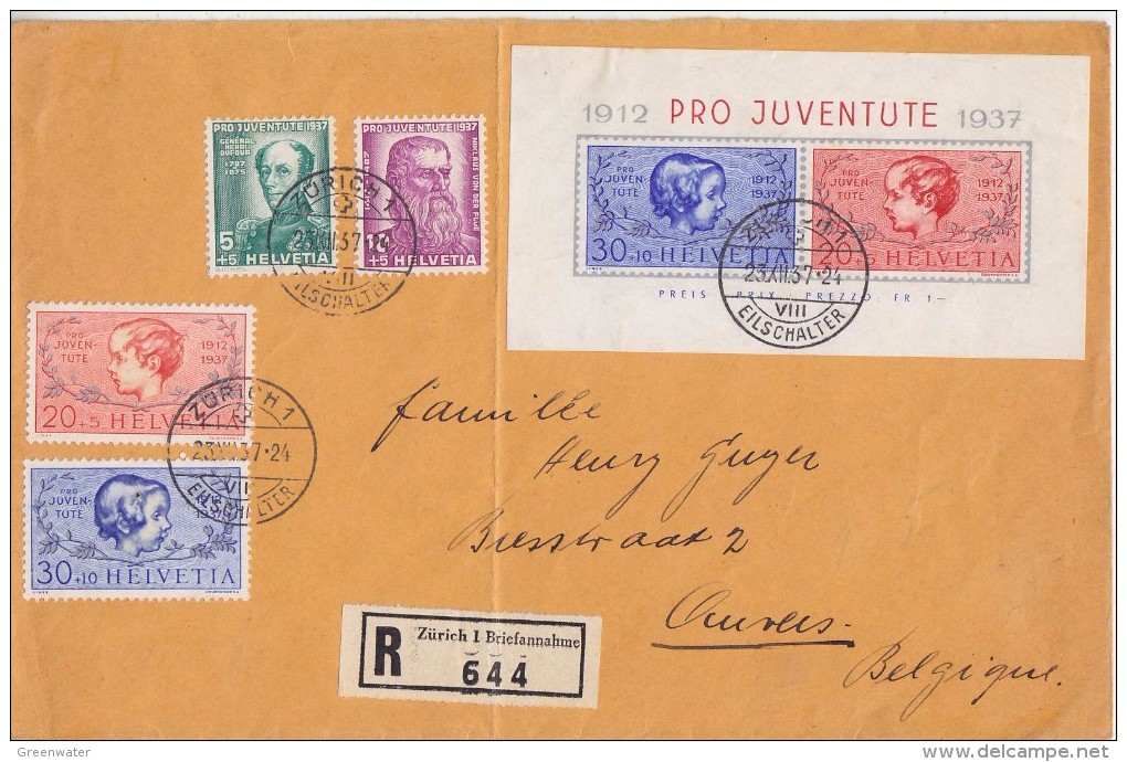 Switzerland 1937 Pro Juventute 4v+m/s On Registred Letter From Zurich To Antwerp (Belgium) (F5975) - Lettres & Documents