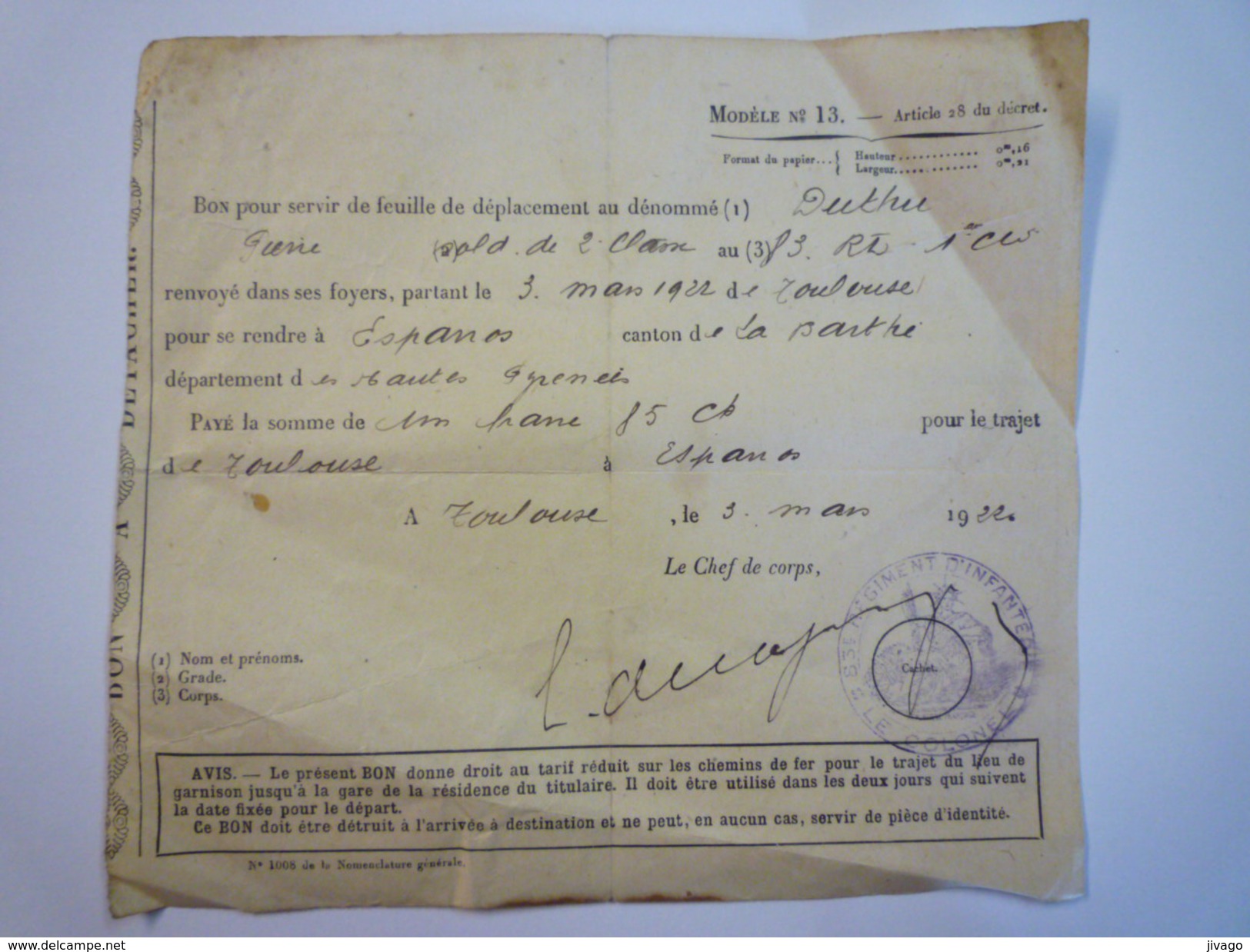 TITRE De TRANSPORT De Pierre  DUTHU  Militaire à Toulouse Et Se Rendant à ESPANOS (H-P)  1922   - Otros & Sin Clasificación