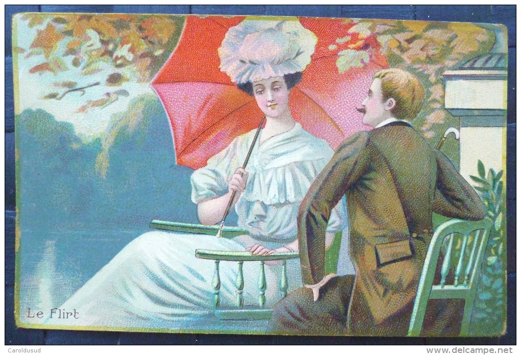 CPA Litho ILLUSTRATEUR  J.C. PARIS Couple ASSIS Elegant  LE FLIRT  FEMME OMBRELLE PARAPLUIE - Avant 1900