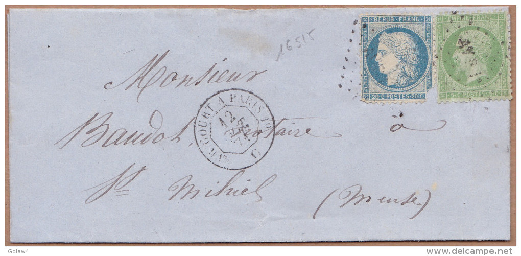 16515# NAPOLEON N° 20 + CERES SIEGE N° 37 LETTRE Obl AVRICOURT A PARIS 1° C 1871 AMBULANT Pour ST MIHIEL MEUSE - 1849-1876: Période Classique