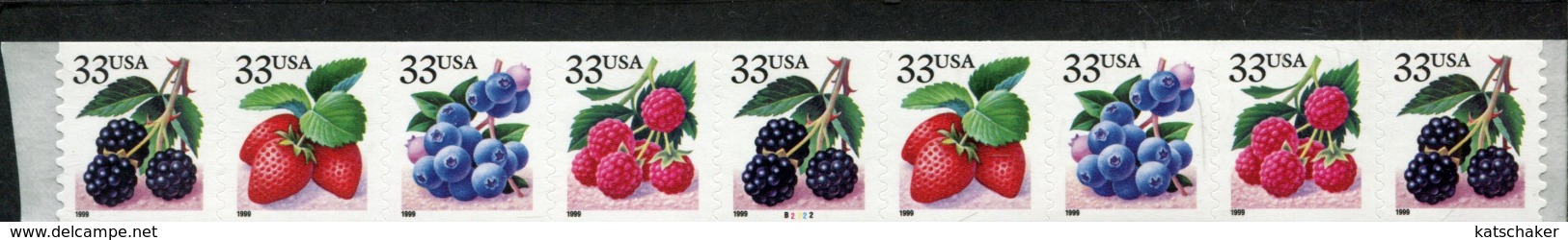 404168564 USA DB  1999 POSTFRIS MINT NEVER HINGED POSTFRISCH EINWANDFREI  SCOTT 3305A STRIP OF 9 P B2222 - Roulettes (Numéros De Planches)