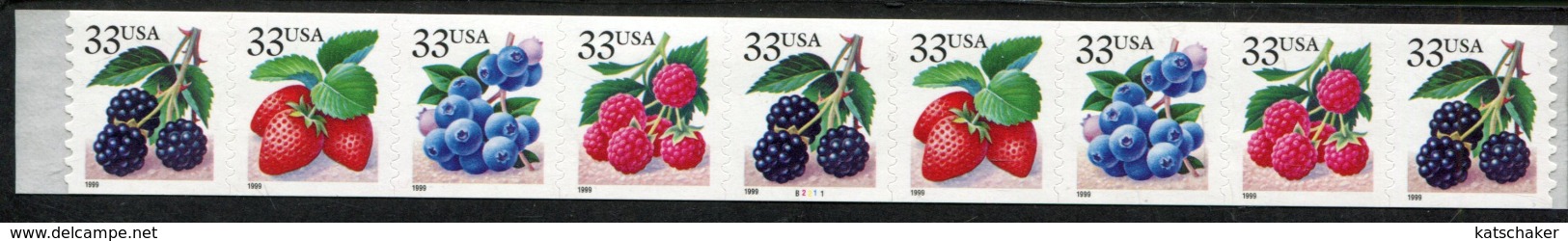 404168796 USA DB  1999 POSTFRIS MINT NEVER HINGED POSTFRISCH EINWANDFREI  SCOTT 3305A STRIP OF 9 P B2211 - Roulettes (Numéros De Planches)