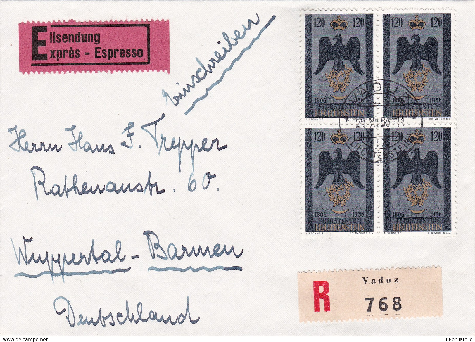 LIECHTENSTEIN 1956 LETTRE DE VADUZ  EN EXPRESS - Briefe U. Dokumente