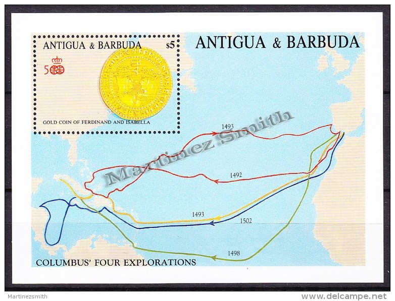 Antigua &amp; Barbuda 1988 Miniature Sheet Yvert BF 139, 500th Anniv. From The America Discovery By Christopher Columb - - Antigua Und Barbuda (1981-...)