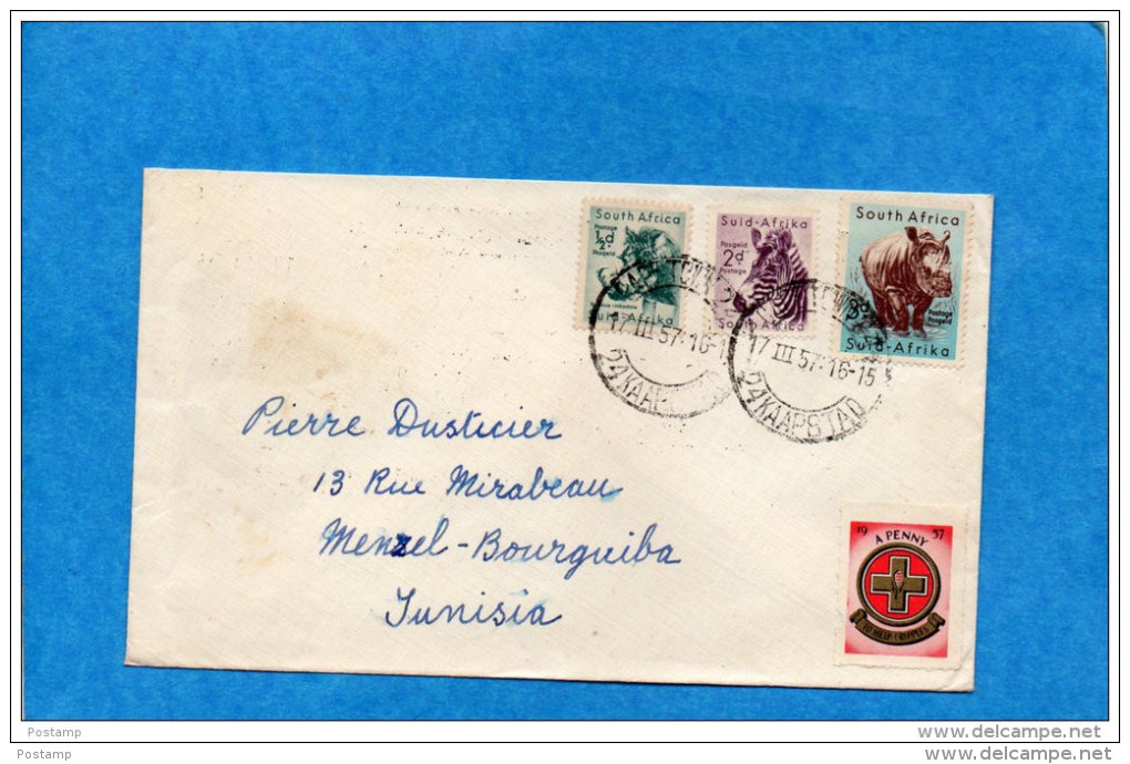MARCOPHILIE-lettre South Africa 1957 3 Stamps N°201-4+5 Animals-rhinocéros-zebre- Phacochère-pour Tunisie - Non Classés