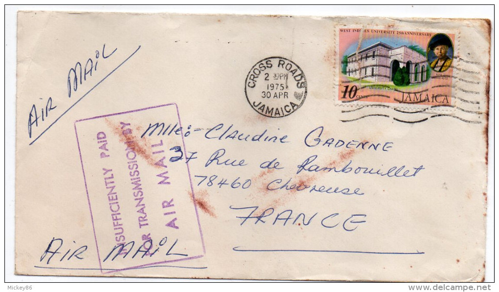 Jamaique--1975--lettre De CROSS ROADS Pour Chevreuse (France)-timbre Coupé--Beau Cachet"Insufficiently Paid...." - Giamaica (1962-...)