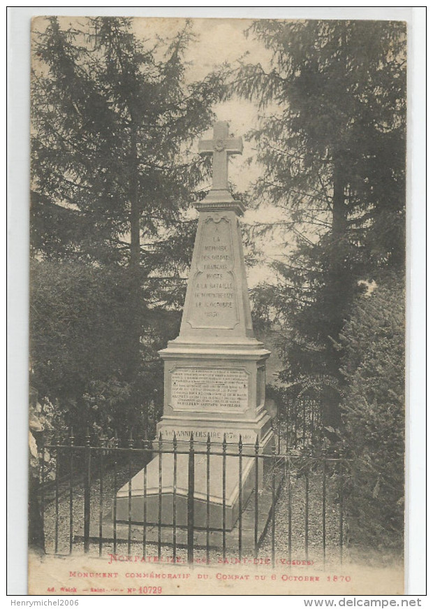 Vosges - 88 - Nompatelize Près Saint St Dié Monument Du Combat Du 6/10/1870 Cachet Occupation Allemande Mulhausen - Saint Die