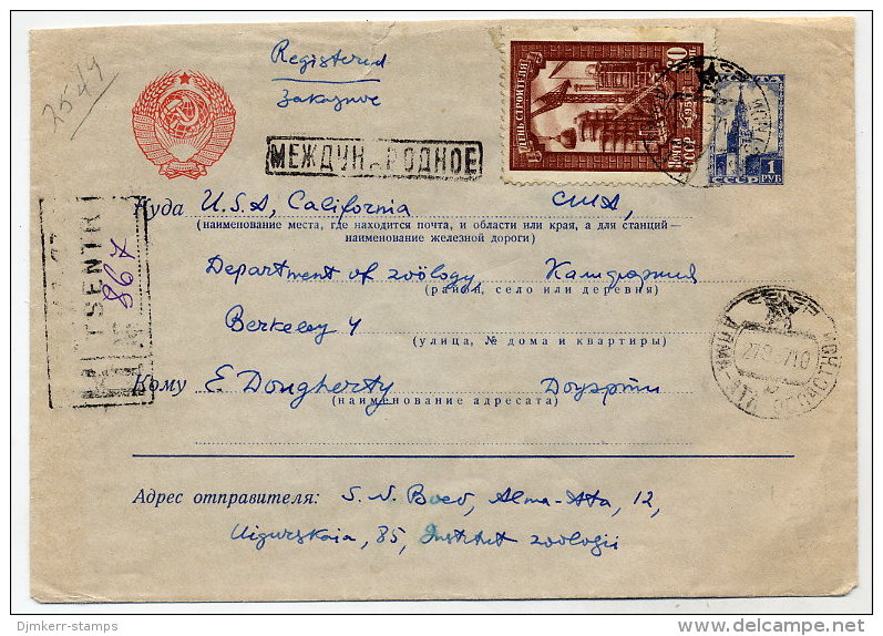 SOVIET UNION 1957 1 R.. Envelope , Used Registered From Alma Ata With Additional Franking To USA .  Michel U88 - 1950-59