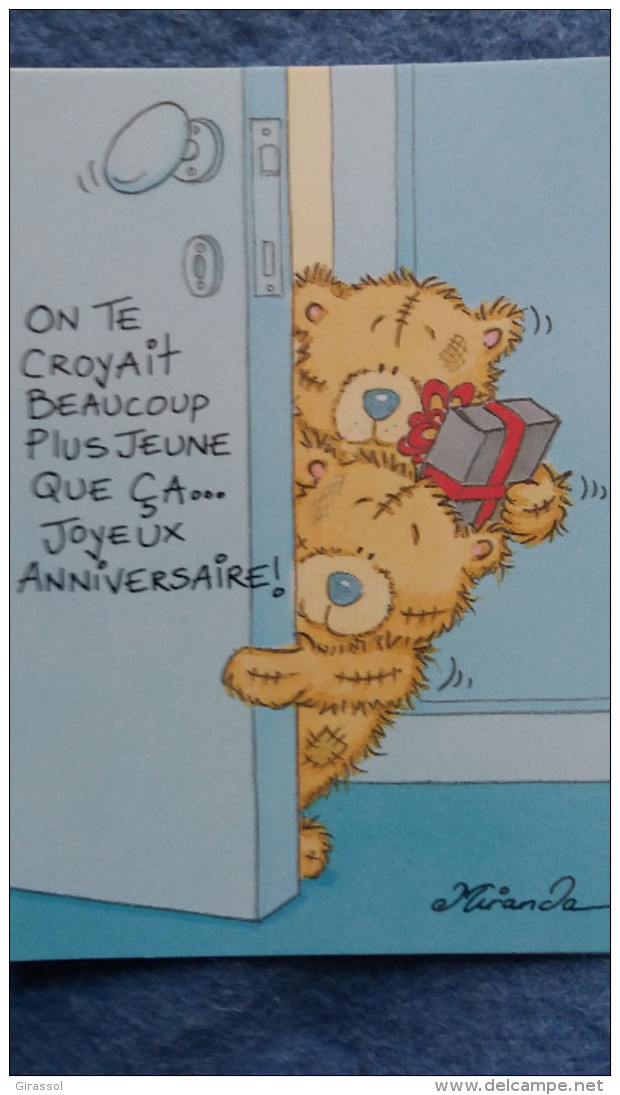 CPM OURS OURSON EN PELUCHE CARTE BLANCHE DESSIN MIRANDA  JOYEUX ANNIVERSAIRE ON TE CROYAIT BEAUCOUP PLUS JEUNE - Jeux Et Jouets