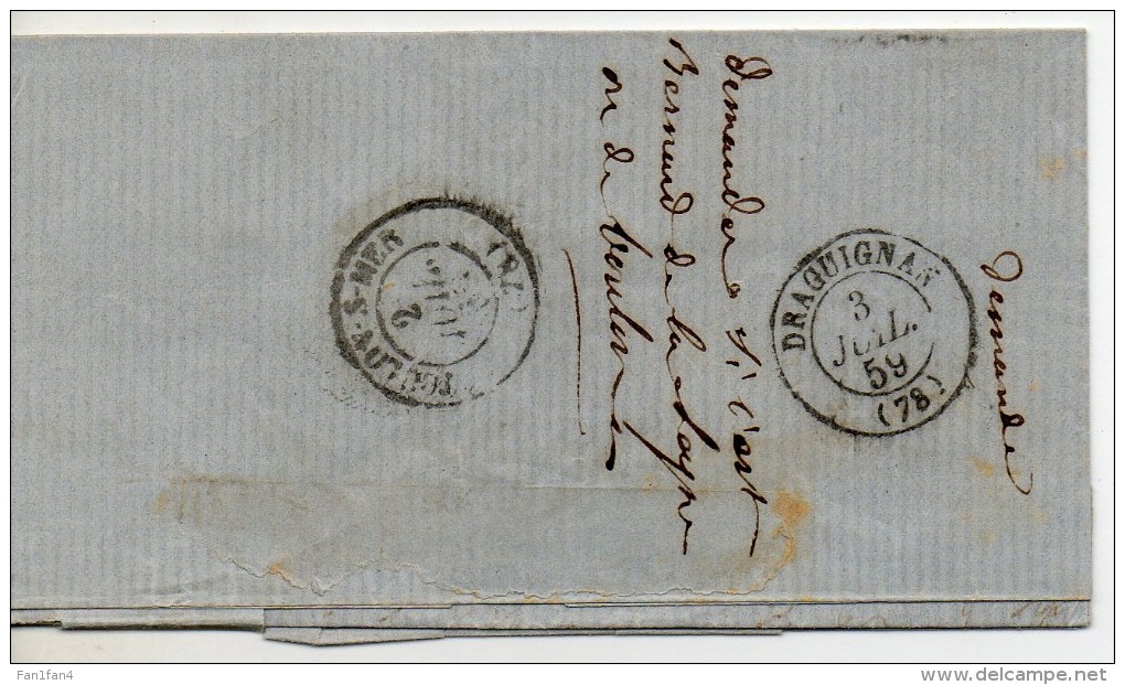 FRANCE - 1859 - Napoléon Iii - N° 14A - 20 C. Bleu Sur Lettre (Timbre Date - Type 22) - 1849-1876: Période Classique