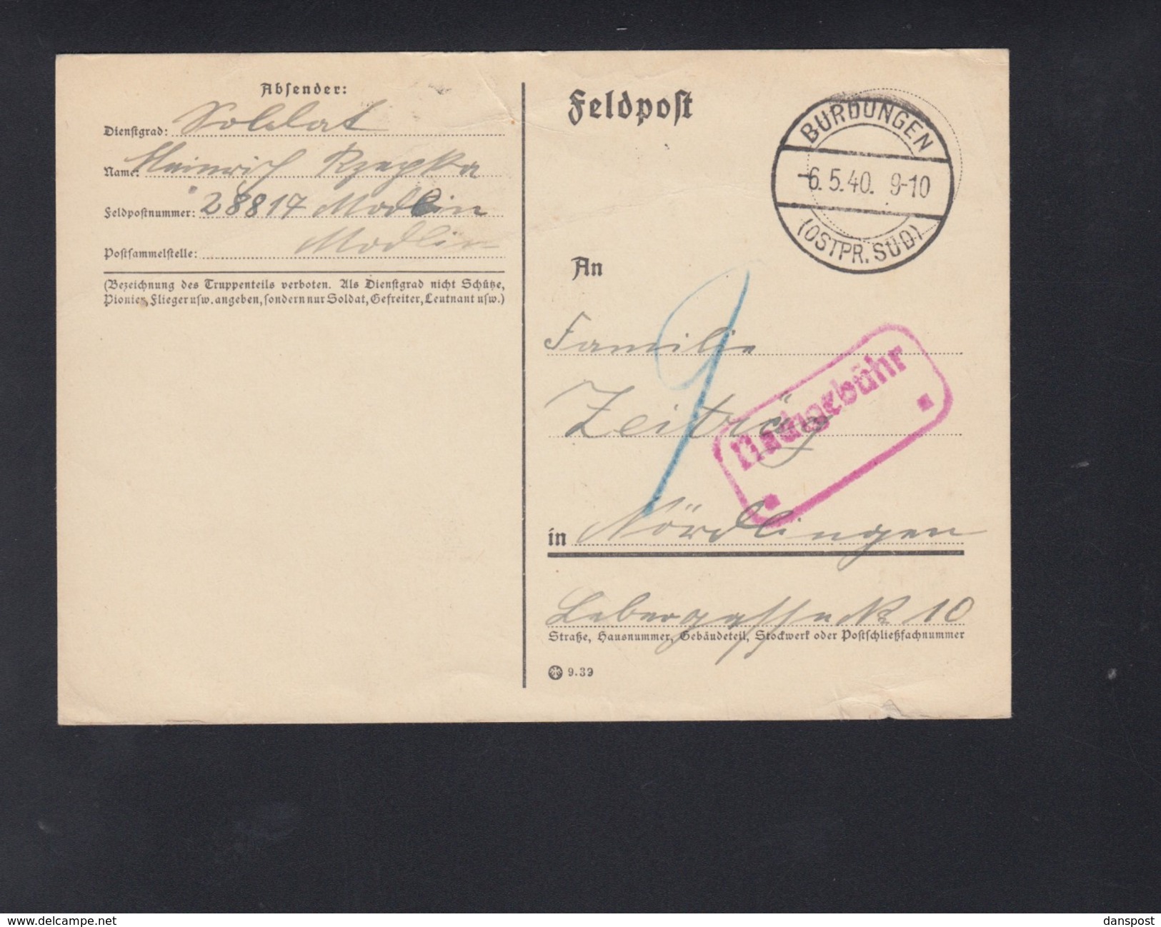 Dt. Reich Feldpost 28817 Polen Poland 1940 Burdungen Nach Deutschland Nachporto - Storia Postale