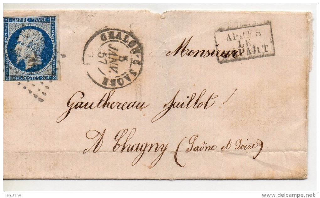 FRANCE - 1857 - Napoléon Iii - N° 14A - 20 C. Bleu Sur Partie De Lettre (APRES LE DEPART) - 1849-1876: Période Classique