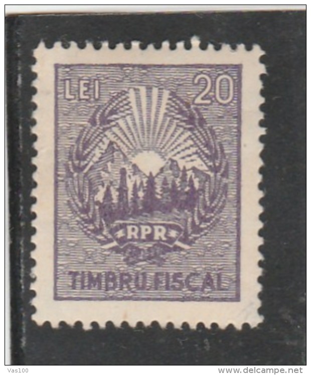 #198   REVENUE STAMP, R.P.R. COAT OF ARMS, 20 LEI, MNH**,ONE STAMP,  ROMANIA. - Fiscale Zegels