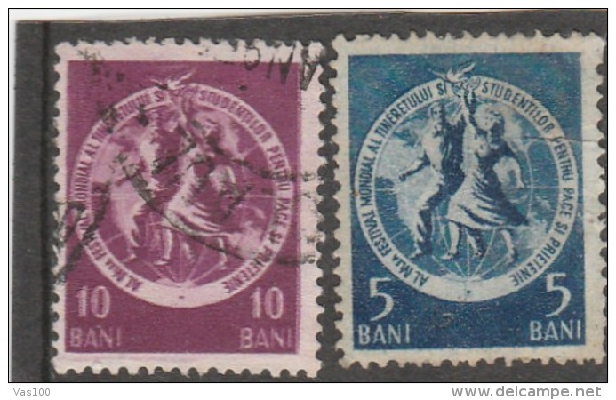 #198   REVENUE STAMP, 5 BANI, 10 BANI, FOR PEACE AND FRIENDSHIP,YOUTH AND STUDENT FESTIVAL, USED, TWO STAMPS,  ROMANIA. - Fiscale Zegels