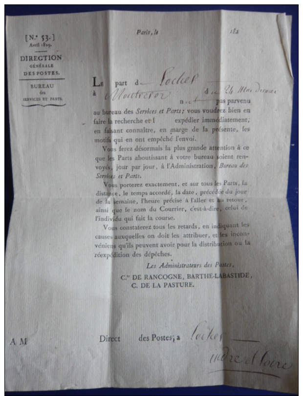 LETTRE DIRECTION GENERALE DES POSTES ANNEES 1820 CURSIVE ROUGE - Documenti Della Posta