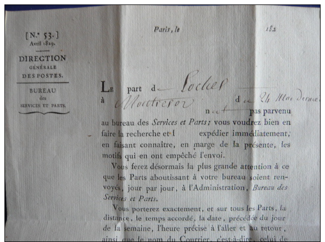 LETTRE DIRECTION GENERALE DES POSTES ANNEES 1820 CURSIVE ROUGE - Documents Of Postal Services