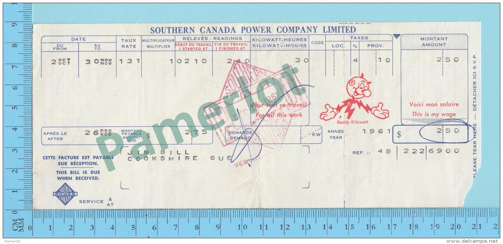 Cookshire  Quebec Canada-  Facture D'électricité De 1961, Reddy Kilowatt, Southern Canada Power Co, - 2 Scans - Canada