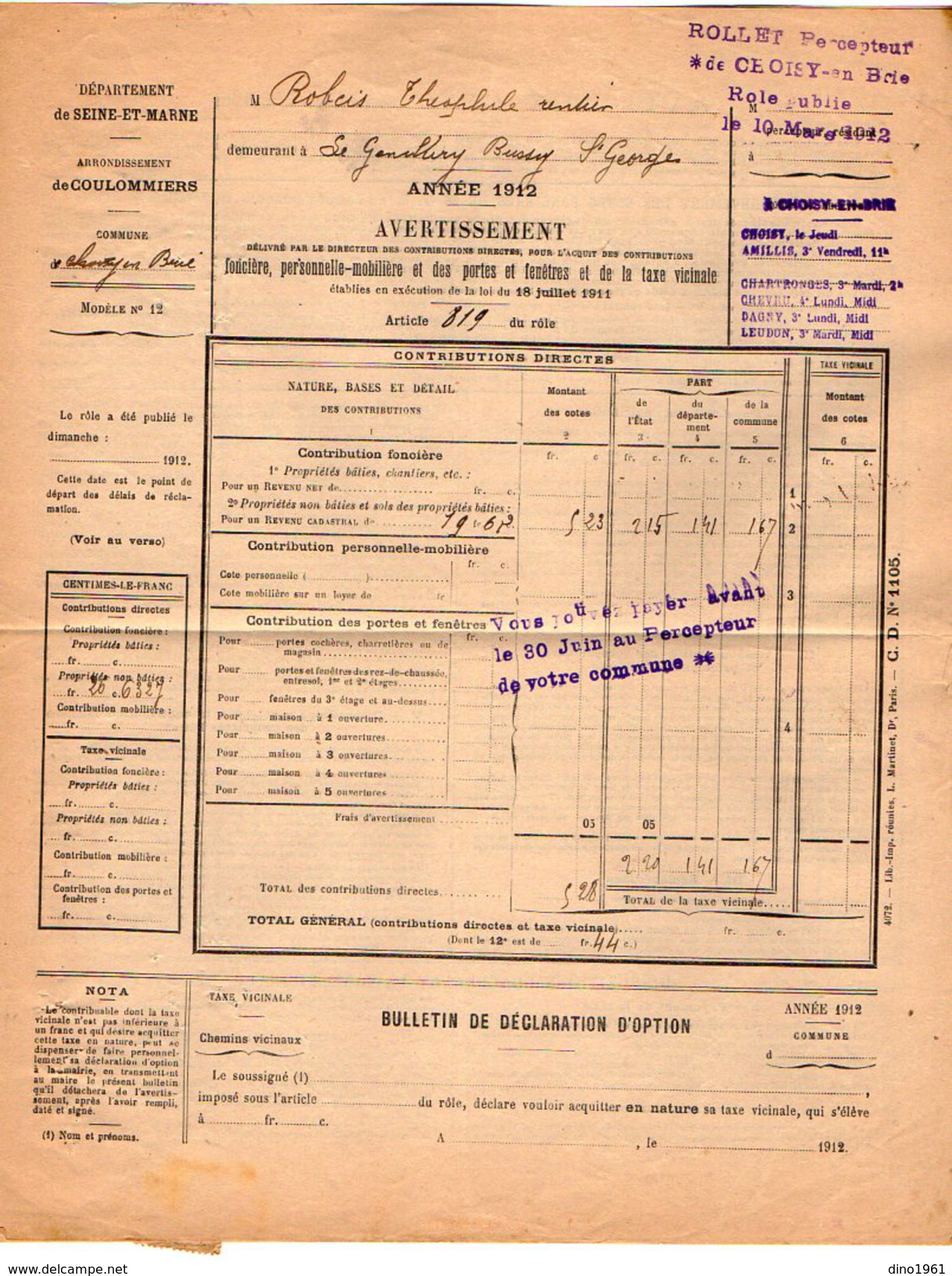 TB 2077  - TB Type Blanc Sur Lettre Du Percepteur à CHOISY EN BRIE  Pour BUSSY SAINT GEORGES & FERRIERES - 1877-1920: Période Semi Moderne