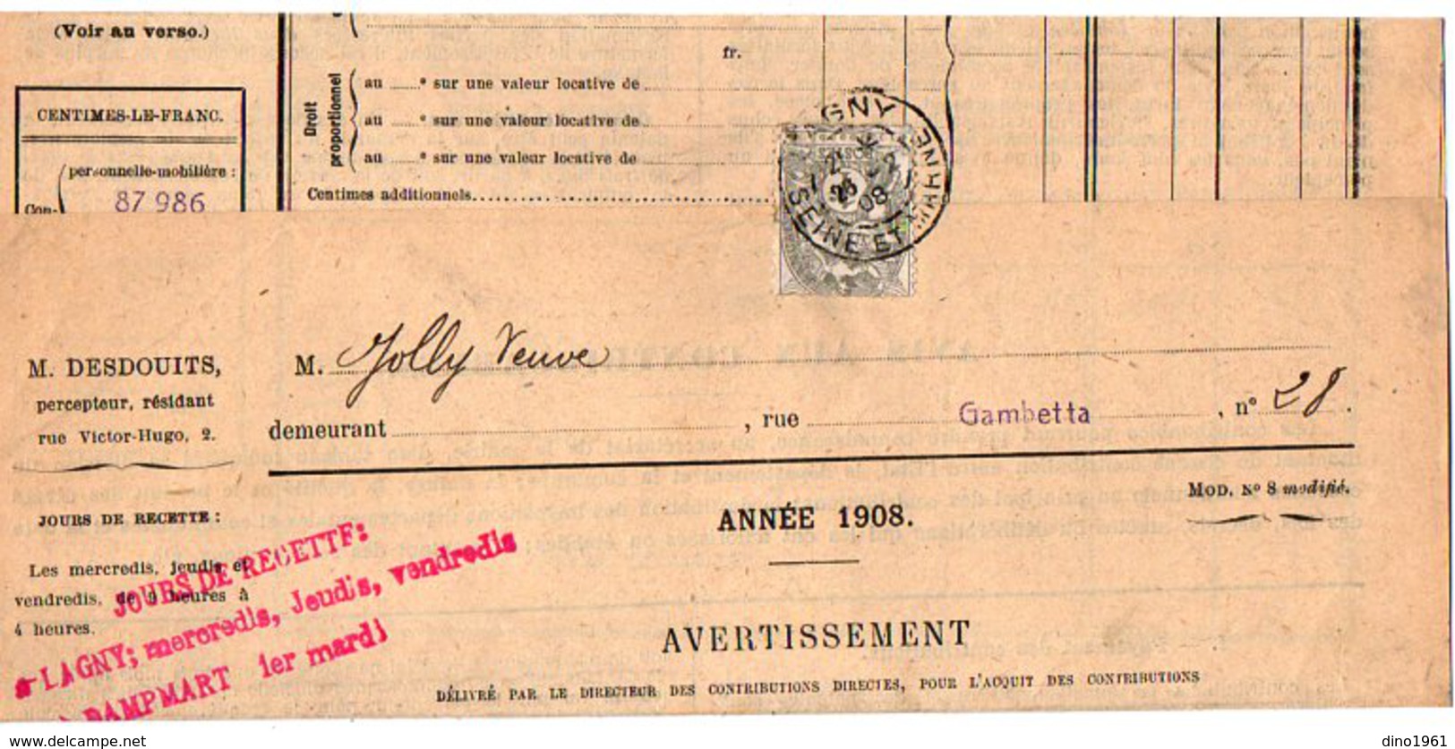 TB 2078  - TB Type Blanc Sur Lettre Du Percepteur OB LAGNY  Pour ? - 1877-1920: Période Semi Moderne