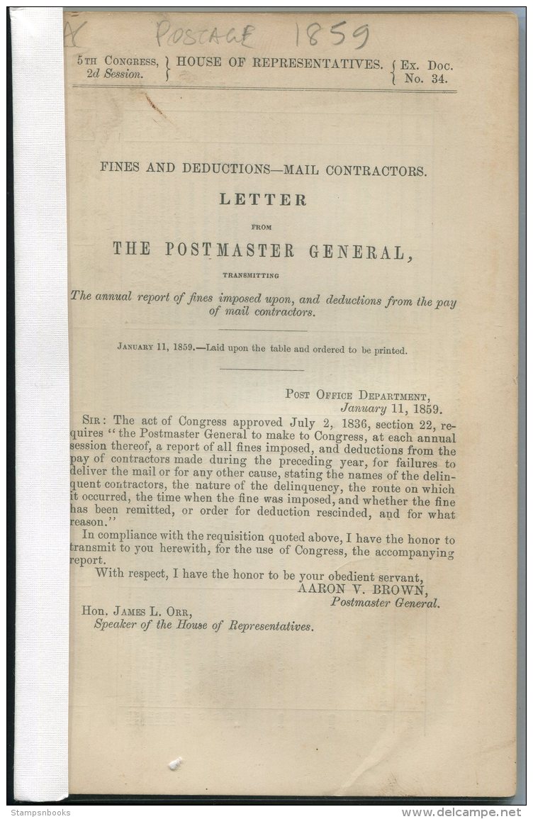 1859 USA House Of Representatives - Fines &amp; Deductions Mail Contractors. Postmaster General Report - Historical Documents