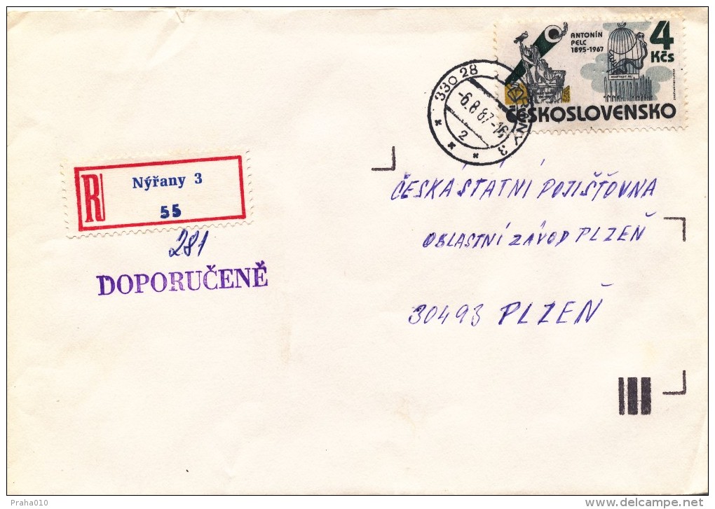 K9191 - Czechoslovakia (1987) 330 28 Nyrany 3 (R-letter) Tariff: 4 Kcs (stamp: 4 Kcs - Shifted Horizontal Perforation!) - Variétés Et Curiosités