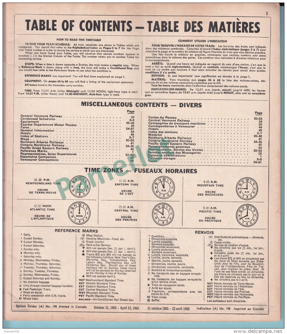 CN Canada- Canadien National 1965-66, Time Table, Ensemble Du Reseau, Index Des Tables &amp; Stations, 6 Pages, - Railway