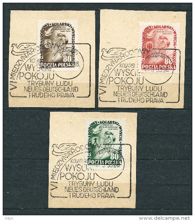 Poland 1953, MiNr 799-801 On Pieces, With Special Slogan Cancellation; Sport, Cycling, Tour, The Peace Race - Oblitérés