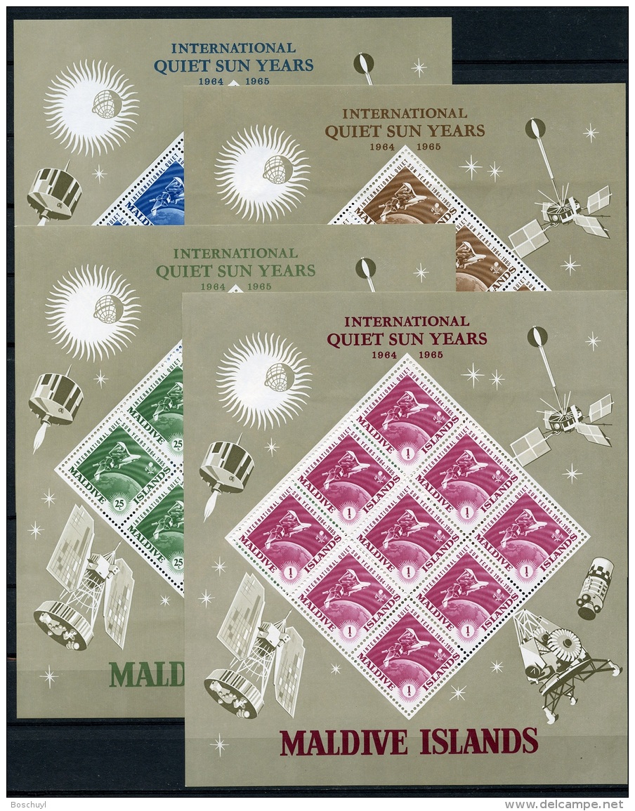 Maldive Islands, 1965, Space, International Quiet Sun Year, United Nations, MNH Sheets, Michel 147-150 - Malediven (1965-...)