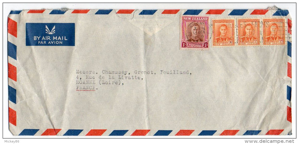 Nouvelle Zélande-1950--Lettre Pour ROANNE (France)--Composition De Timbres - Cartas & Documentos