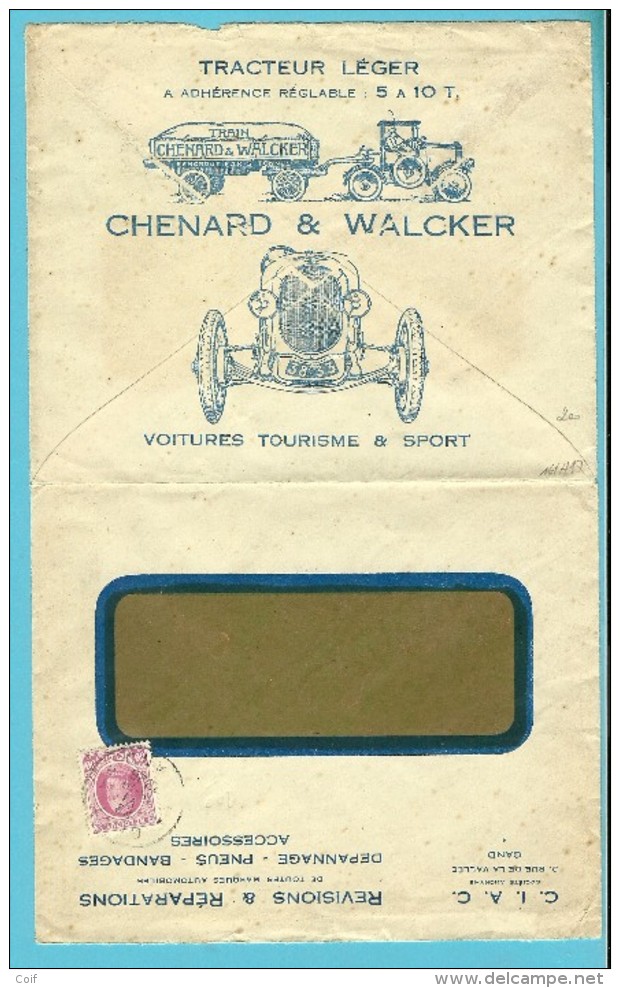 200 Op Brief Met Stempel GENT, Verso Geillustreerd TRACTEUR - CHENARD & WALCKER - VOITURES TOURISME & SPORT - 1922-1927 Houyoux