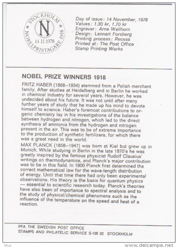 Sweden Sverige 1978 FDC Nobel Prize Winners, Haber, Planck, Chemistry Chemist Physicist Physics Poland - FDC