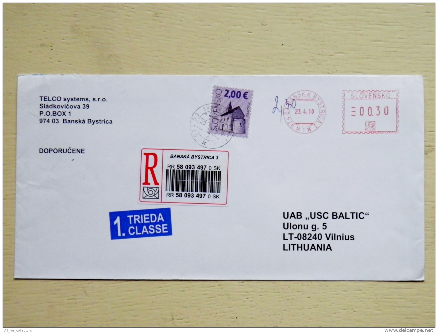 Cover Sent From Slovakia To Lithuania 2010 Registered Atm Machine Red Cancel - Lettres & Documents