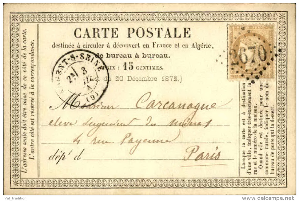 FRANCE - Carte Précurseur De Nogent Sur Seine Pour Paris En 1874 - A Voir - L  4288 - Cartes Précurseurs