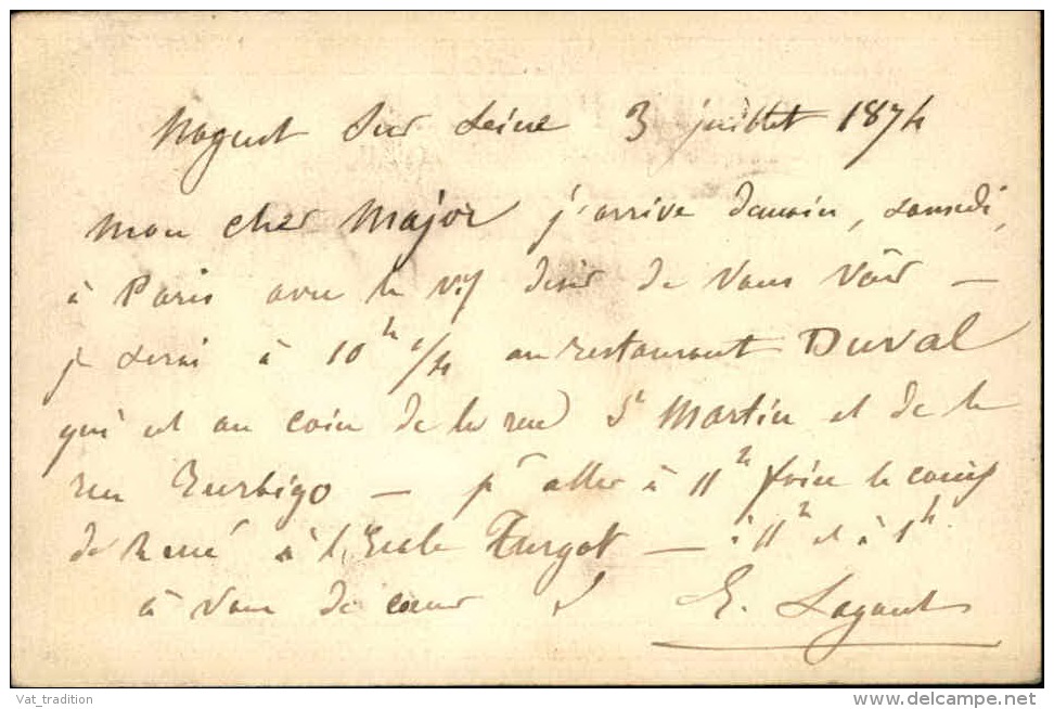 FRANCE - Carte Précurseur De Nogent Sur Seine Pour Paris En 1874 - A Voir - L  4288 - Cartes Précurseurs