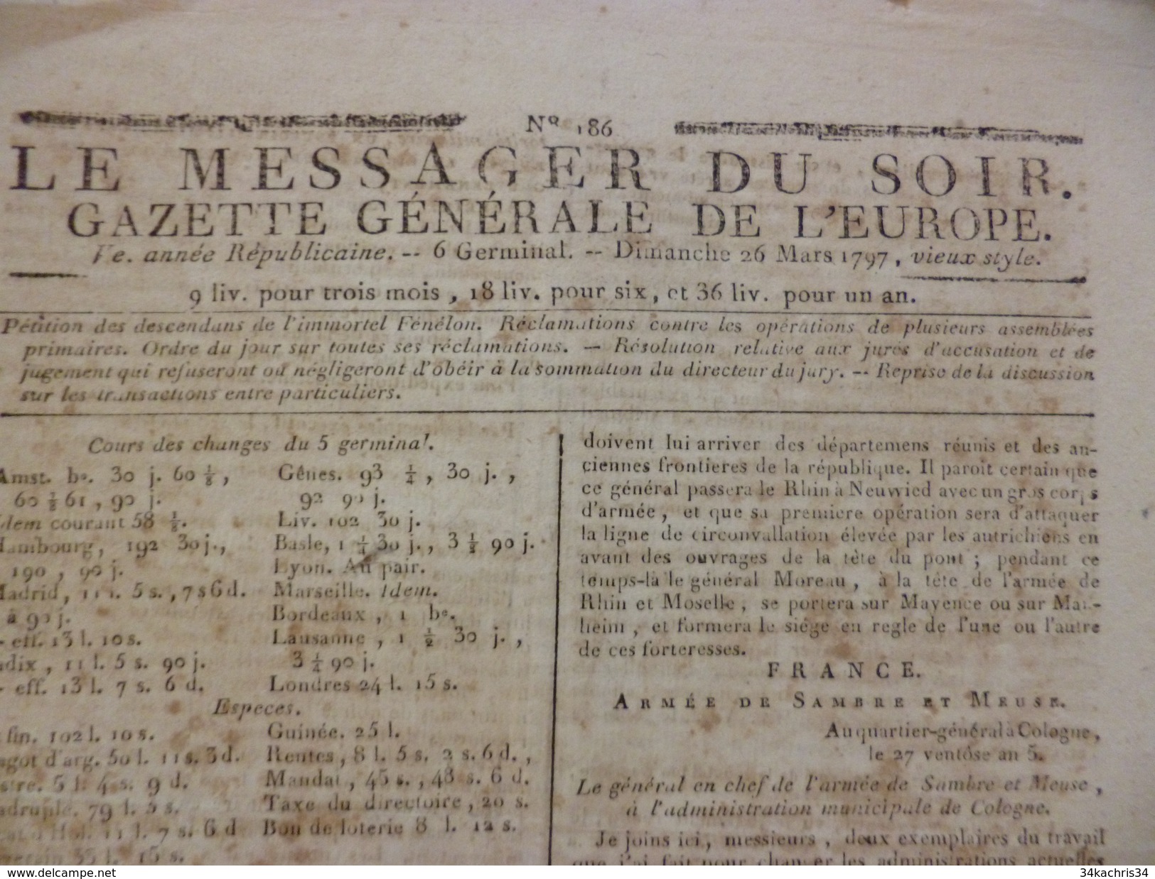 Journal Révolution Le Messager Du Soir Gazette Générale De L'Europe 26/03/1797 - Kranten Voor 1800