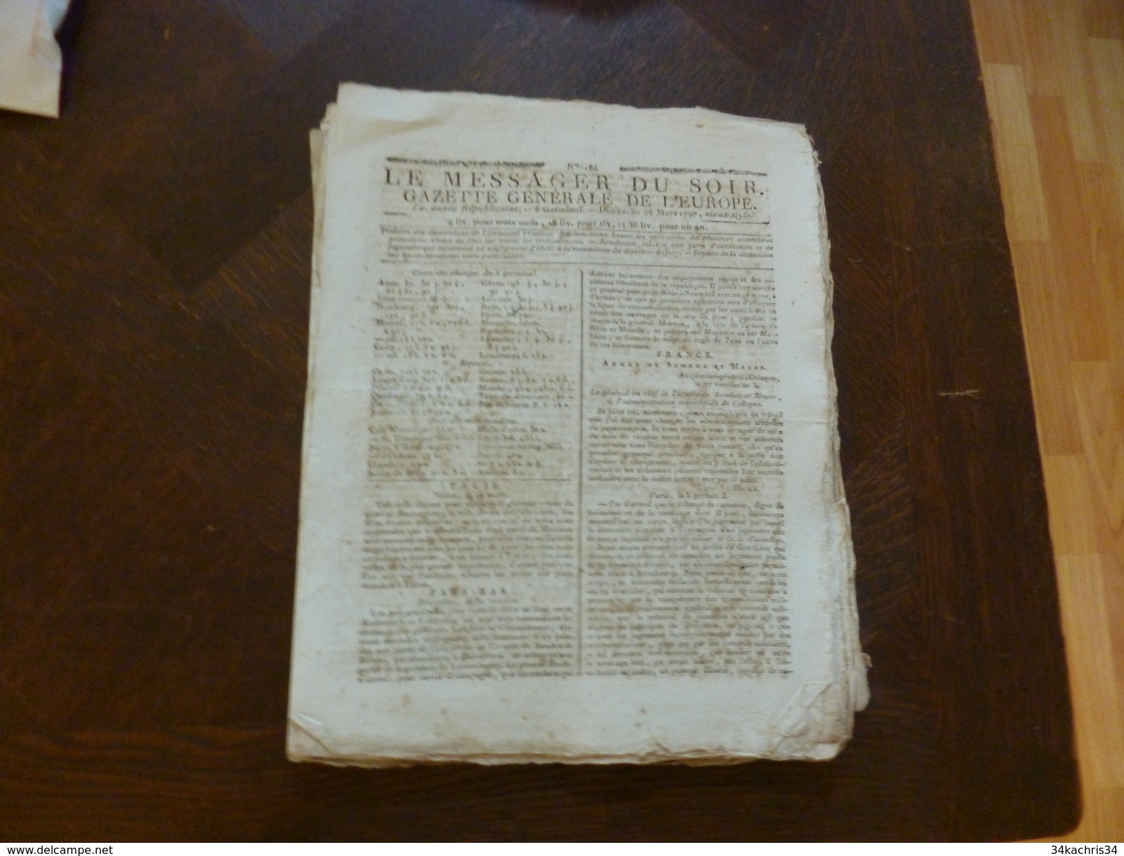 Journal Révolution Le Messager Du Soir Gazette Générale De L'Europe 26/03/1797 - Kranten Voor 1800