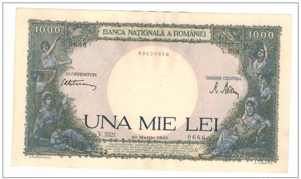 ROMANIA  . 1000 Lei , 1945 , XF (w/m Trajan) , Free Ship. To USA. - Romania