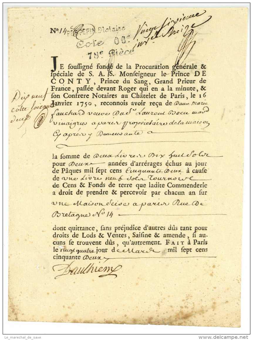 PARIS 1752 - Document Prince De Conti - Marchand Vinaigres - Documenti Storici