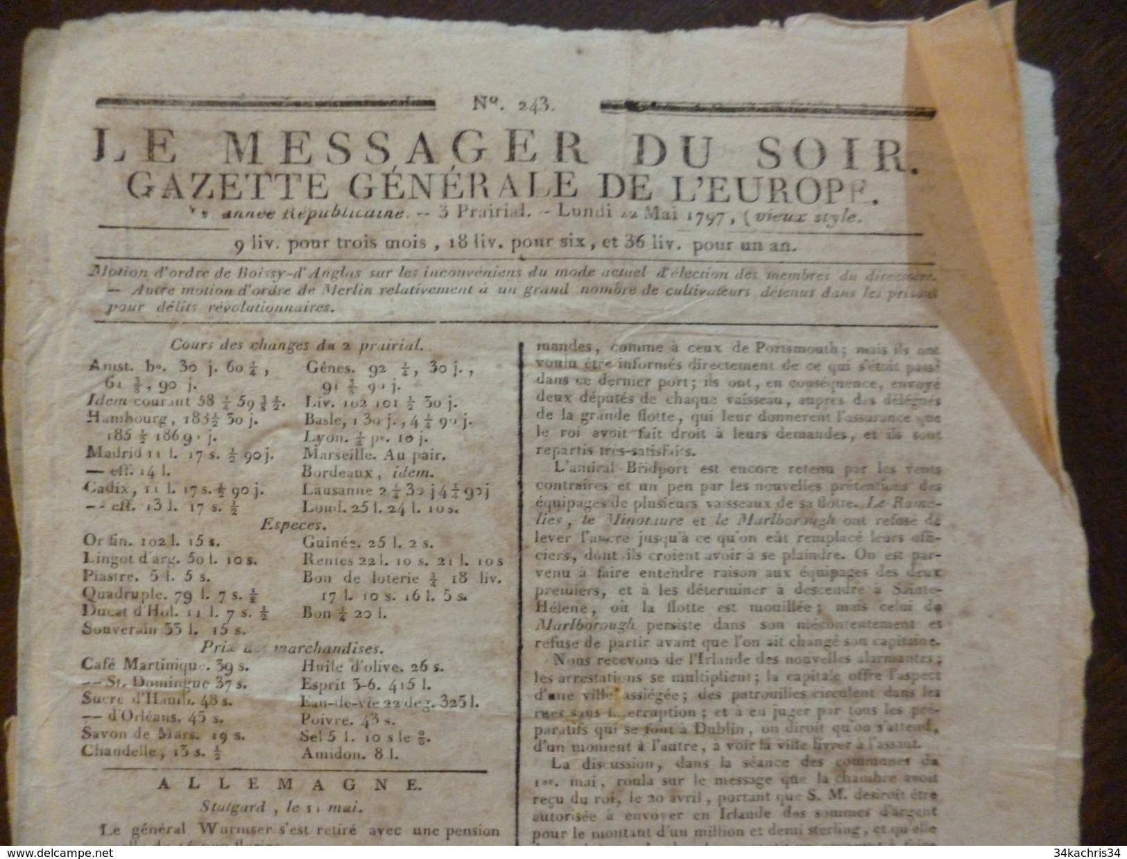 Journal Révolution Le Messager Du Soir Gazette Générale De L'Europe 22/05/1797 - Journaux Anciens - Avant 1800