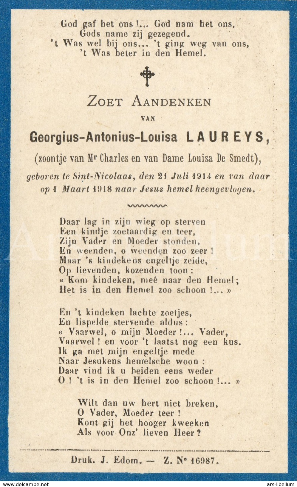 Doodsprentje / Avis De Décès / Georgius Antonius Louisa Laureys / Sint-Niklaas / 1918 / 2 Scans - Imágenes Religiosas